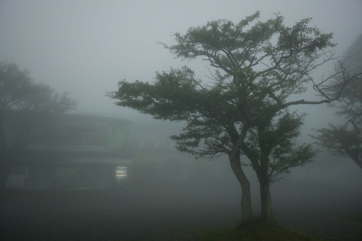 An atmospheric old Japanese tourist spot in the fog