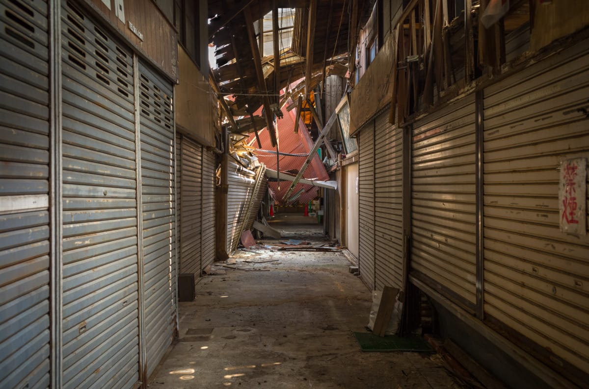 dilapidated pre-war and wooden Japanese shopping street