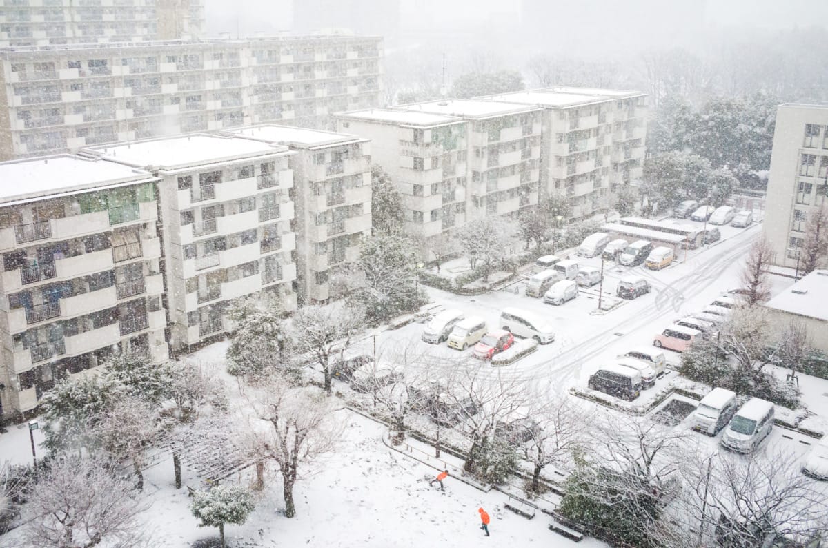 Suburban Tokyo public housing in the snow