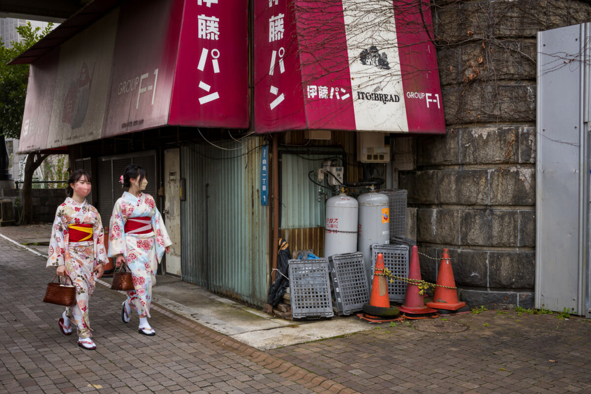 Tokyo kimono and corrugated metal